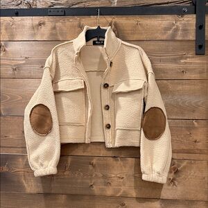Stylish Cream Teddy Jacket with Brown Accents